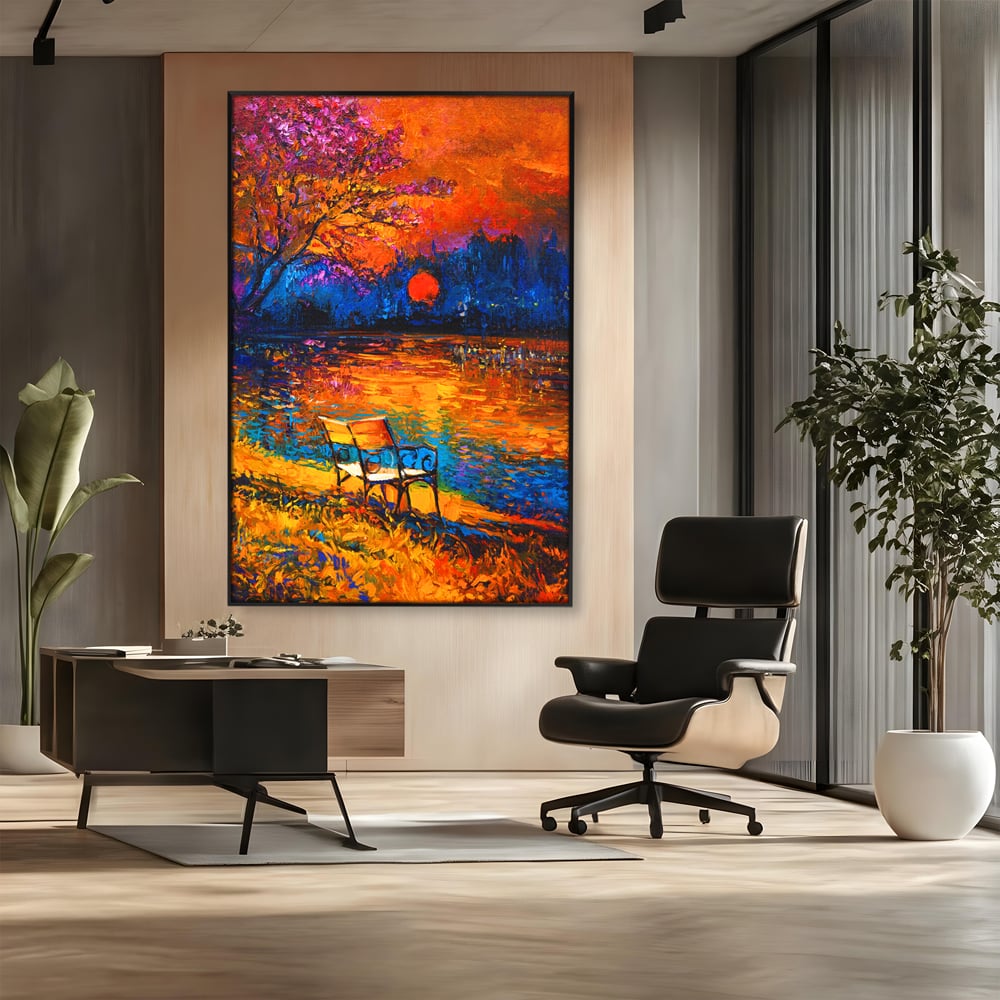 Tablou canvas cu tablou canvas cu banca pe malul lacului la apus, in rama de aluminiu negru, pe perete intr-un birou